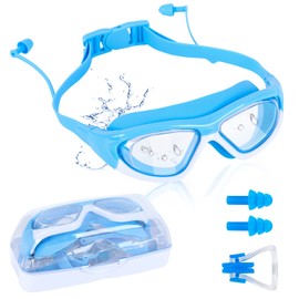 Jodsen Swimming Goggles, Unisex Anti-Fog Swimming Goggles for Children, Diving Goggles with Earplugs, Nose Clip, UV Protection, Wide Vision Children's Goggles for Children, Boys, Girls (Blue)
