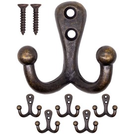 Fuxxer® - Solid Antique Double Hooks, Coat Hooks, Towel Hooks, Clothes Hooks, Iron Hooks, Brass Bronze Design, Vintage Country House Retro, Set of 5