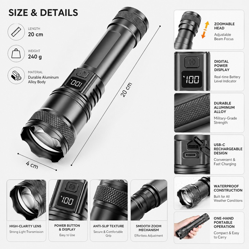 Rechargeable LED Flashlight for Emergency Use – Zoomable Multi-Mode Torch