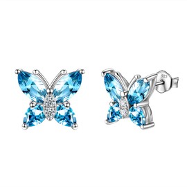 Aurora Tears Butterfly Necklace Earrings Rings Birthstone Jewellery Set Pendant Dating Pendant Gifts for Women and Girls 925 Sterling Silver, Earrings, C.blue-aquamarine