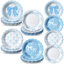 Jingmore 100 Pcs Blue Bow Paper Plates 7'' Disposable Paper Plates Blue Coquette Bow Dessert Set for Girl Bachelorette Bridal Engagement Baby Shower Birthday