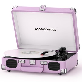 MANGOSTAN Bluetooth Record Player, 3-Speed Belt-Driven Turntable with Built-in Speakers, Vintage Suitcase Vinyl Player with RCA, AUX, Headphone Jack & Auto Stop – Purple