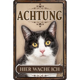 Weatherproof Cat Sign for Outdoor Use – Notice Sign: Achtung hier wache ich! – Cat Decorative Tin Sign, Weatherproof 30 x 20 cm