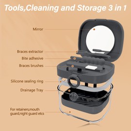 Retainer Case,Denture Case Retainer Cleaning Case, No-Leak Denture Bath Box Cup, Complete Clean Care for Dentures, Mouth Guard, Night Guard & Retainers with Mirror,Hook,Bite adhesive and Brush(Grey)