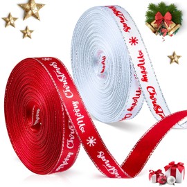 Syhood 2 Roll Christmas Ribbon for Gift Wrapping, 10mm x 9 Meter Each, Xmas Ribbon for Crafting Satin Ribbon Grosgrain Rope for Holiday Christmas Party Favors DIY Crafts (White, Red,Cute Style)