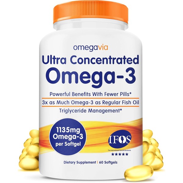 OmegaVia Ultra Concentrated Omega 3 Fish Oil Burpless, 60 Softgels,