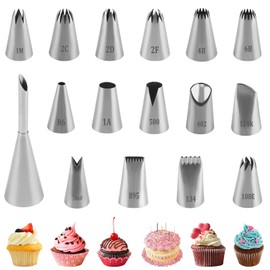 Set of 16 Large Stainless Steel Piping Nozzles, Professional Nozzles for Piping Bags, Medium Puff Nozzles, Flower Piping Nozzles, Tips Nozzles, etc. Decoration Attachments for Cakes, Cakes, Cupcakes