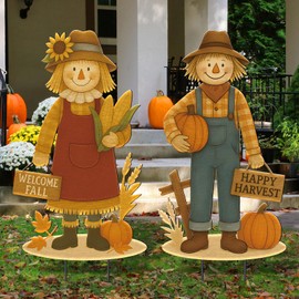 Amyhill 2 Pcs Fall Metal Scarecrow Yard Decoration Thanksgiving Garden Metal Stakes Autumn Pumpkin Harvest Signs for Thanksgiving Outside Home Lawn Porch Pathway Fall Decor