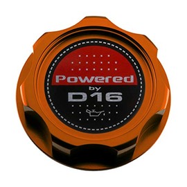 VMS RACING ORANGE OIL CAP with Powered by D16 Emblem in CNC Machined Billet Aluminum Compatible with Honda Acura Integra D16 engines