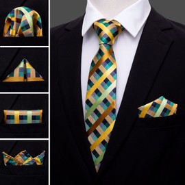 YOHOWA Men Tie Clip Set Plaid Stripe Green Silk Necktie Handkerchief Cufflinks Formal Business Wedding Party