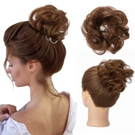 SLEEKALON Human Hair Messy Bun Hair Piece 100% Real Curly Wavy Hair Bun Scrunchies for Women Chignon Updo Brown Hair Bun Extensions Elegant Donot Thick Bun Hairpiece with Elastic Band (Medium Brown)