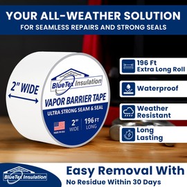 BlueTex Insulationㅤ 2'' Wide x 196' Long White Vapor Barrier Tape - for Garage Door Insulation, Crawlspaces, Repair, Underlayment Seams, Metal Building Insulation Seams - 1 Roll