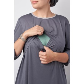 Ermandina Maternity Nursing Nightgown for Hospital Breastfeeding Sleepwear Modest Nightie (Gray, M)