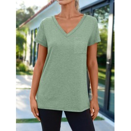 T Shirts Short Sleeve V Neck Basic Tees Plus Size Fashion Tops Loose Fit Soft Comfy Casual Summer Outfits Clothes 2024 with Pockets LightGreen