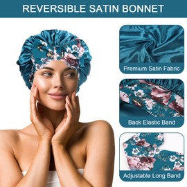 Silk Bonnet for Sleeping Satin Bonnet Hair Bonnet Hair Wrap for Bath, Shower Cap Tie Band for Women Girls Long Curly Hair Sleeping (Blue)