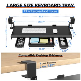 OUKMIC Large Height Adjustable Keyboard Tray with Sturdy C-Clamp Mount and Storage Drawer, 27"(31" Including Clamps) x 12" Slide Out Ergonomic Keyboard Trays for Home and Office, Black
