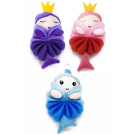 MURRI&MURRDI 3 Pcs Bath Loofah for Kids, Lovely Animal Body Scrubber Kids Toddler Body Loofah Cute Cartoon Bath Sponge for Kids Bath Pouf Mesh Loofah Sponge for Children Shower 55g (3 Cartoon A)