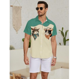 LuckLemocor Cowboy Cat Hawaiian Shirt Button Up Western Shirts, Off - White, XL