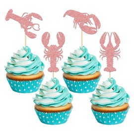 Paquete de 24 decoraciones para cupcakes de cangrejo de cangrejo de cangrejo de oro rosa con purpurina para cupcakes, decoración para fiestas de cumpleaños, decoración de pasteles