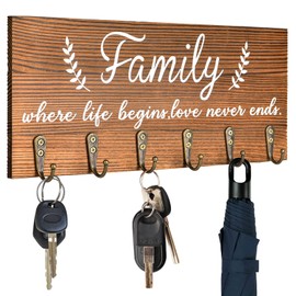 AHYS Key Holder Wall Mount Rustic Family Wall Decor Key Holder for Wall Key Hanger Key Rack with 6 Key Hooks Wall Key Holder for Entryway Living Room Bedroom - Brown