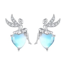 Moonstone Fairy Earrings for Women Girls - Qings Sterling Silver 925 Angel Elf Stud Earrings Heart Rainbow Moonstone Earrings Birthday Christmas Gift, Sterling Silver, Cubic Zirconia