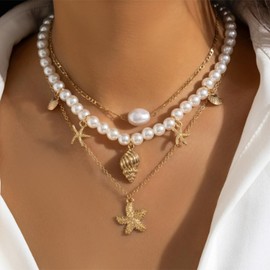 YANCHUN Muschel Seestern kette Für Frauen Sommer-Outfits Für Frauen Einstellbare Layered Sea Shell Perle Charme Halsketten Strand Urlaub Essentials Urlaub Schmuck