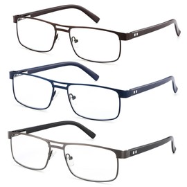 FEIVSN Metal Reading Glasses For Men, Blue Light Blocking Computer Readers Full Rim Rectangle Eyeglasses Spring Hinge, 3 Pack: Black/Brown/Blue, +2.00