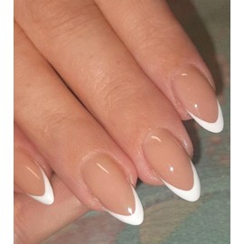 Artquee French Tip Press on Nails Medium Length Nude French Almond False Tips White Glossy Reusable Fake Stick on Nails Kit for Women - 30 Pcs 15 Sizes