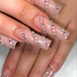 Vopintpy Long Press on Nails Coffin Nails Ballerina Rhinestones Square Fake Nails Glossy Nude Acrylic Glue on Nails Reusable Full Cover Stick on Nails for Women DIY Charm Manicure