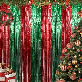 Ohiyoo Christmas Foil Fringe Curtains, 3 Pack 3.3 x 6.6 ft Red Green Fringe Streamer Photo Backdrop, Tinsel Fringe Backdrop Curtain for Christmas Party Decoration New Year Ugly Sweater Party