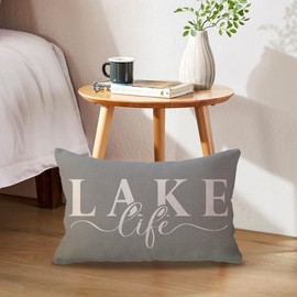 ULOVE LOVE YOURSELF Lake Life Decor Throw Pillow Cover Lake House lumbar Cushion Cover Farmhouse Summer Decorative Waist Pillowcases 12x20Inch for Sofa Couch Porch(Grey)