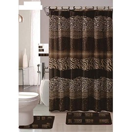 AF 18 Piece Bath Rug Set Leopard Brown Bathroom Rugs Zebra Shower Curtain Mat/Rings Towel Set- Animal Coffee