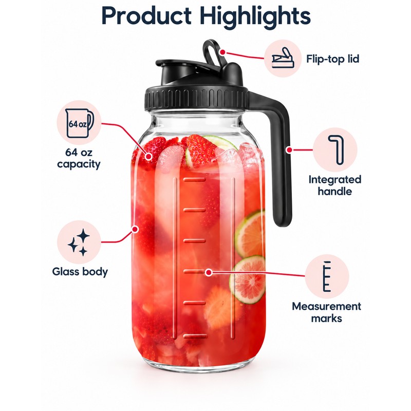 64 oz Glass Pitcher with Airtight Lid – Wide Mouth