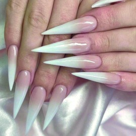 Ombre Press on Nails Long Almond Fake Nails Extra Long Acrylic Nails Glossy Glue on Nails Pink White Gradient False Nails with French Designs Artificial Stick on Nails for Women Girls 24Pcs