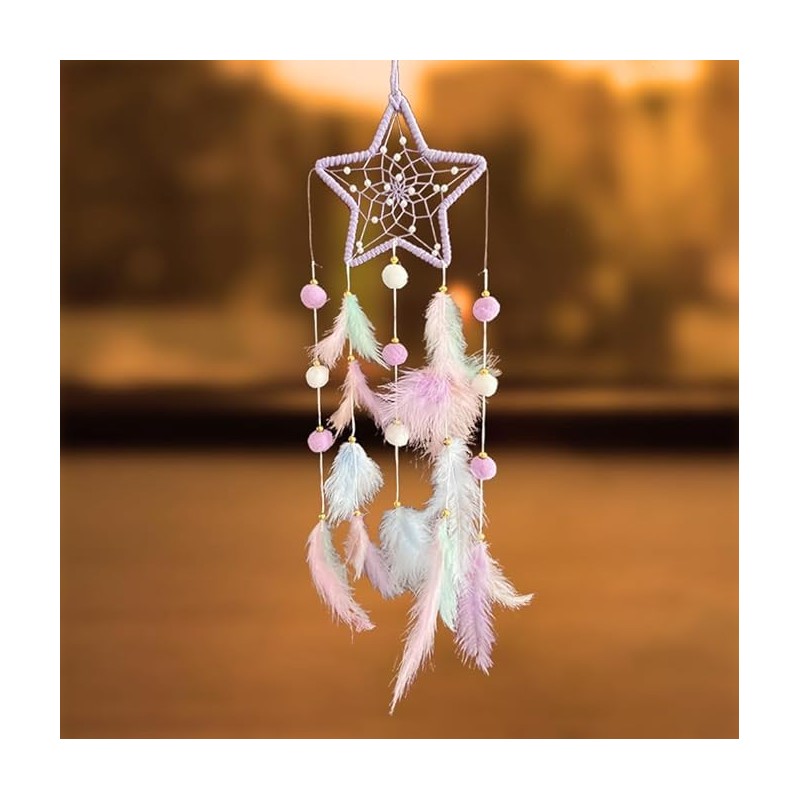 Dream Catcher Wall Decor - Handcrafted Feather Woven Pendant, Pompom