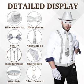 8-Piece Set Glitter Outfit Men's Disco Outfit Men's Glitter Accessories 70 80 Years with Glitter Hat, Tie, Eye Mask, Bow Tie, Y Straps, Gloves, Key Pendant and Belt