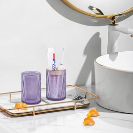 Tonxus Toothbrush Holders for Bathrooms, Purple Glass Toothbrush Holder and Bathroom Tumbler Cup, 12oz Gold Bathroom Storage Cups, Tooth Brush Cup Holder Organizer for Toothpaste, Brushes, Razor