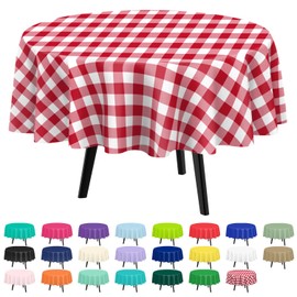 QIKSION 6 Pack Red Gingham Plastic Tablecloth Disposable Circle Table Covers Red and White Checkered Table Cloths for Parties Bridal Shower Birthday Wedding (84 Inch)