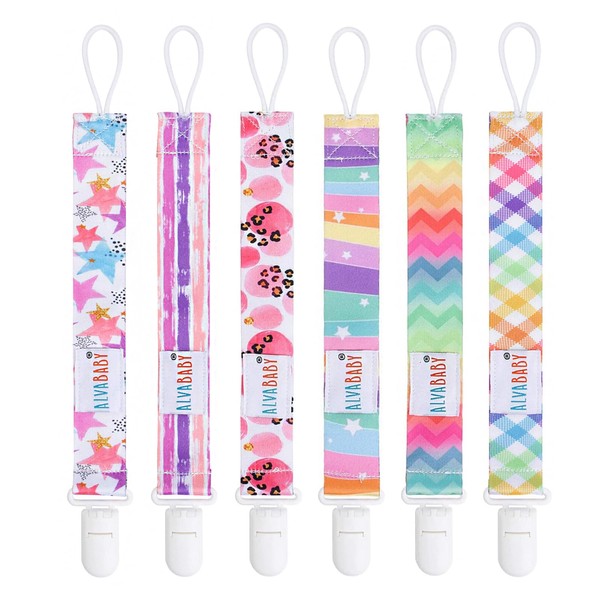 ALVABABY Pacifier Clips 6 Packs Rainbow Paci Clip Holder Leashes