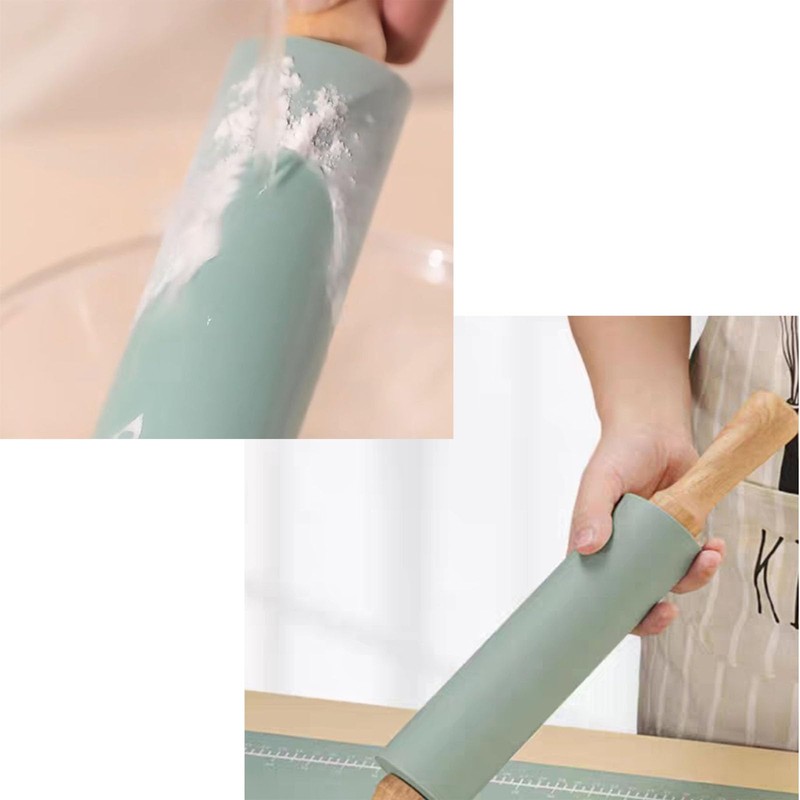 Silicone Rolling Pin for Baking With Thickness Rings Wooden Handle