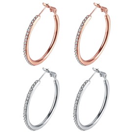 Fashion 35mm Rhinestone Diamond CZ Silver Dainty Hoop Earrings For Women Girls 14K Rose Gold Cubic Zirconia Hypoallergenic Stainless Steel Huggie Hoops Set, Crystal