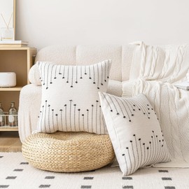 Cushion Covers, Boho Throw Pillow Covers 45x45cm, Pack of 2, Decorative Pillows for Bed, Throw Pillows for Modern Farmhouse Couch Sofa Living Room Outdoor (Beige with Black Line)