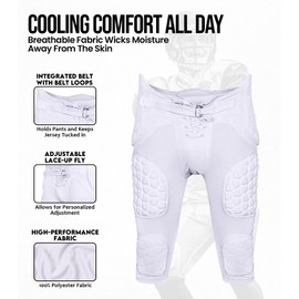 Exxact Sports Rebel Mens Integrated Football Pants with Built-in Pads, Lightweight Football Practice Pants with Lace-up Fly (AS, White)