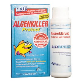 Fast Clear Economy Set - Biological Quick Cleaning of Ponds. Strong against Algae, Mud, Water Turbidity - Biospeed & Algae Killer Protect in Duo Pack Creates a Stable Ecological Balance