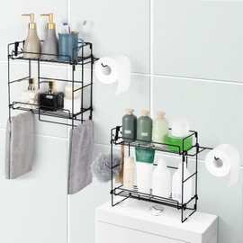 Vrisa 2 Pack Over The Toilet Storage Shelf 2-Tier Bathroom Organizer Over Toilet Multifunctional Toilet Rack with Hook and Paper Holder No Drilling Space Saver with Wall Mounted Design(Black)
