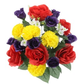 Admired By Nature 24 Stem Artificial Flowers Roses Carnation Blossom Mixed Bush Spring Faux Flower Indoor Wedding Home Decor, Cemetery Decorations for Grave, Red, Yellow, Purple