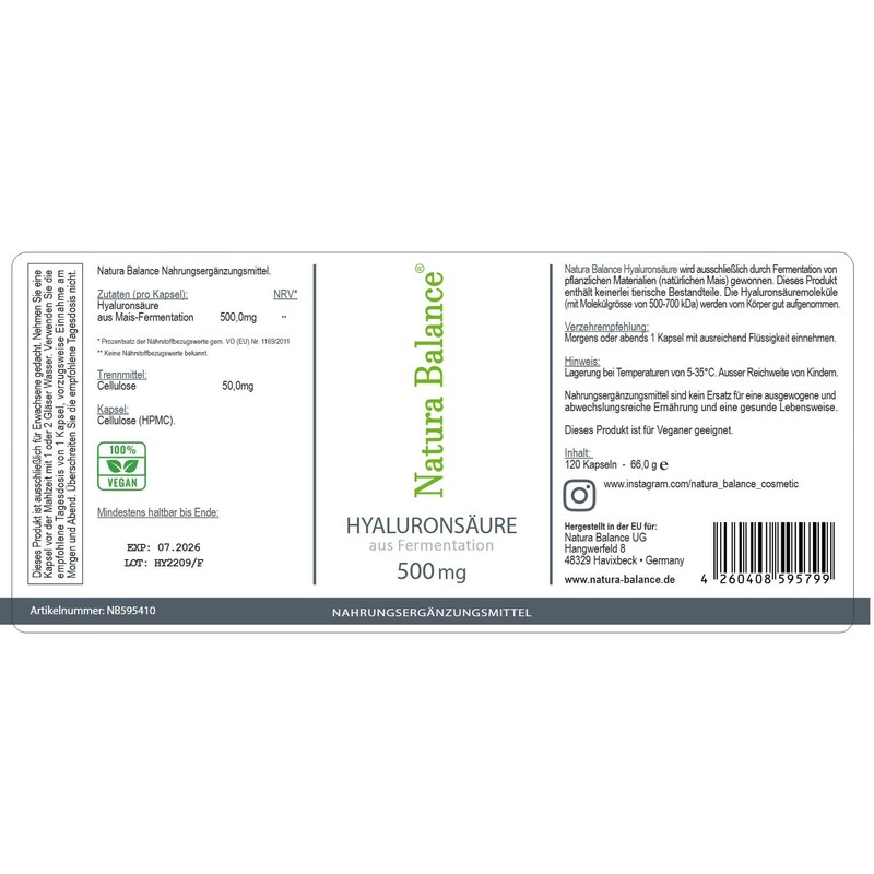 Hyaluronic Acid 120 Capsules 500mg High Dose Hyaluronic Vegan Made