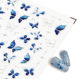 2 Blatt Nagelsticker Schmetterling Deko, Nail Sticker Selbstklebend mit 5D Geprägte Design, Glänzend Nail Art Nagelaufkleber für Kinder Mädchen Frauen (Blauer Stern)