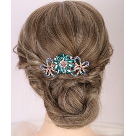 Chargances Flower Crystal French Hair Comb Sparkly Rhinestone Inlaid Butterfly Hair Side Comb Long Teeth Hair Combs Wedding Bridal Hair Accessories for Women (Blue)