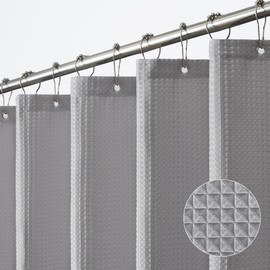 Extra Long Light Grey Shower Curtain 84 Inch Length,Waffle Weave Textured Washable Shower Curtain Liner,180GSM Heavy Duty Waterproof Fabric Bathroom Curtains with Hooks 72x84 Inch
